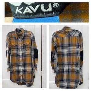 Kavu Flannel Plaid Yellow Black Button Up Dress Elbow Patches Women's Small